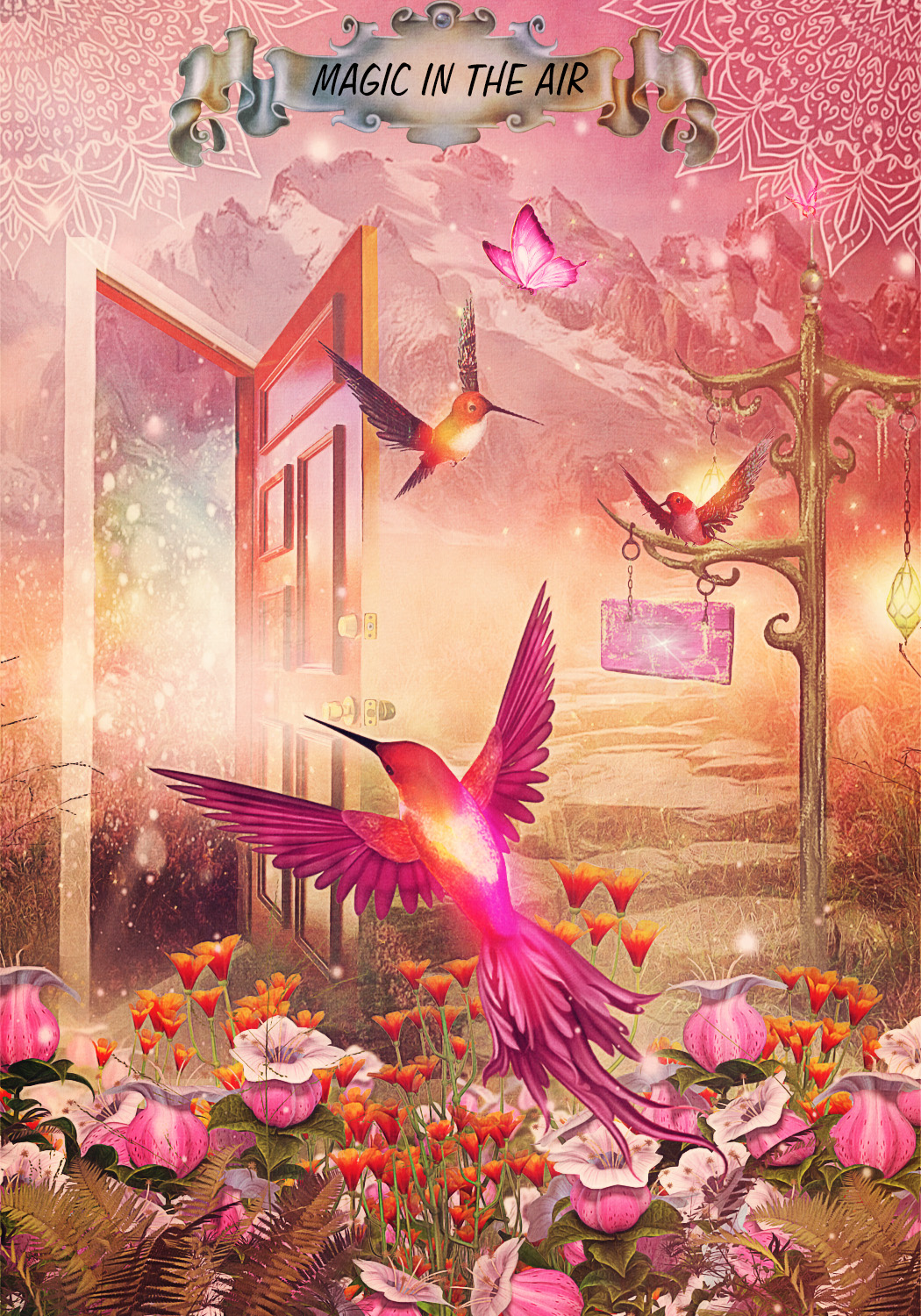 Hummingbirds in a pink forest