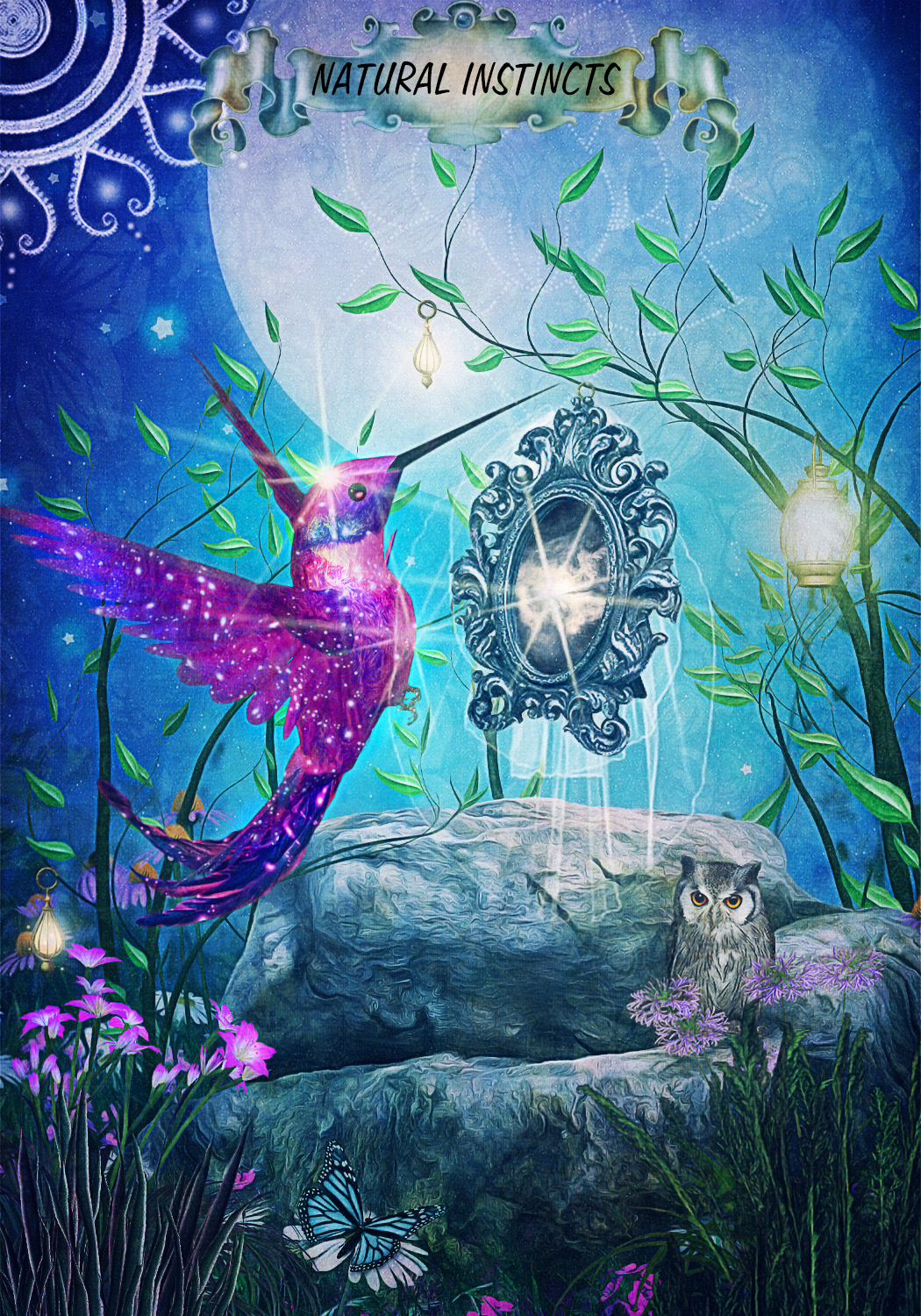 A sparkly pink and purple hummingbird and a mirror
