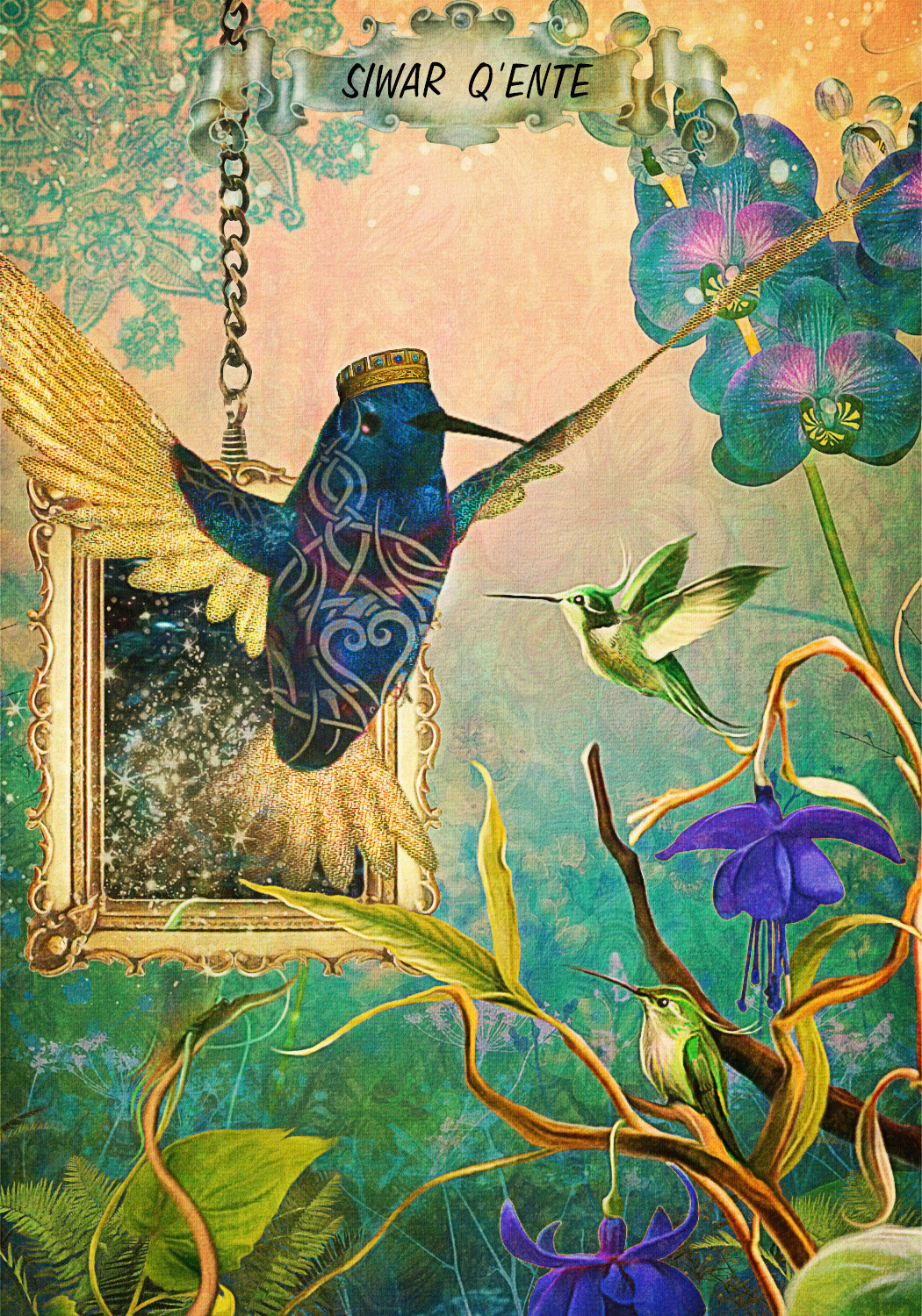 A blue hummingbird coming out of a portal