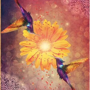 Hummingbird card, back. Two hummingbirds and a yellow daisy